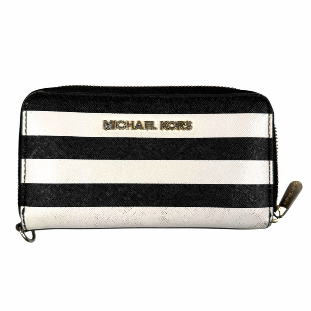 Michael Kors Jet Set Travel Stripe Leather Wallet – Black/White – Fair Condition